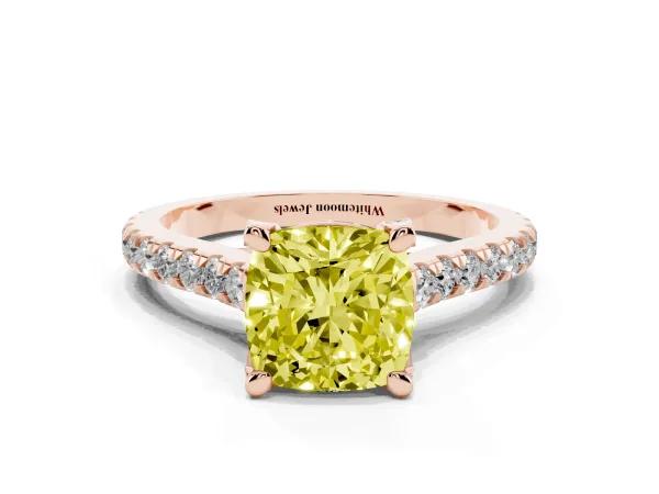Fancy Yellow Cushion Cut Brilliant Diamond Solitaire with Pavé Band and Four-Prong Setting Rose gold