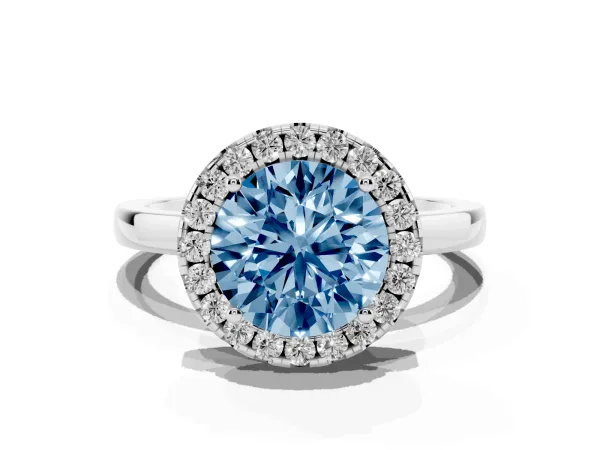 Fancy Blue Round Cut Halo Diamond Solitaire with Pavé Band and Four-Prong Setting White gold