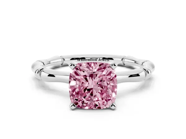 Fancy Pink Cushion Cut Solitaire Diamond Ring with Bamboo Band and Four-Prong Setting White gold