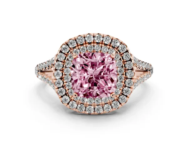 Fancy Pink Cushion Cut Diamond Double Halo Ring with Pavé Band and Prong Setting Rose gold