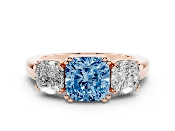 Fancy Blue Three-Stone Cushion Cut Cut Diamond Ring with Channel Set Band and Four-Prong Setting Rose gold
