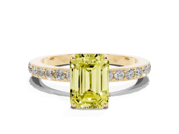 Fancy Yellow Emerald Cut Diamond Solitaire Engagement Ring with Pavé Band and Four-Prong Setting Yellow gold