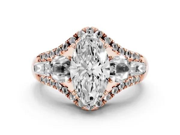Three-Stone Marquise Cut Diamond Engagement Ring with Pave Band and Prong Setting Rose gold