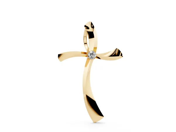 Curved Cross Pendant with Round Diamond in Bezel Setting Yellow gold