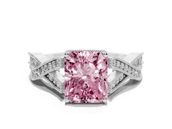 Fancy Pink Radiant Cut Cut Diamond Twisted Band with Milgrain Pave Setting and Four-Prong Setting Platinum