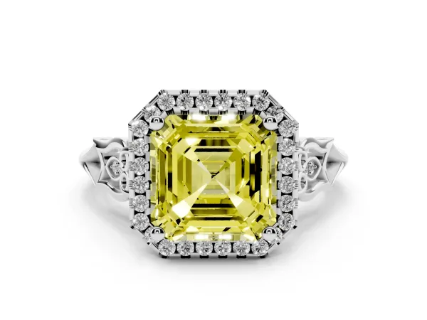 Fancy Yellow Asscher Cut Halo Diamond Engagement Ring with Filigree Band and Four-Prong Setting White gold
