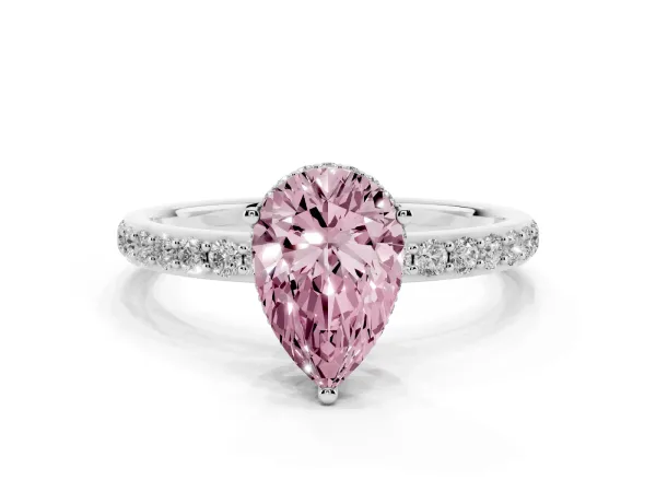 Fancy Pink Pear Cut Diamond Solitaire Ring with Pavé Band and Hidden Halo Platinum