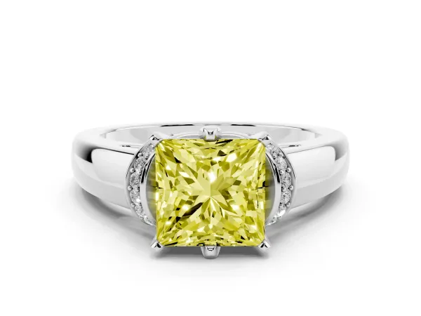 Fancy Yellow Princess Cut Solitaire Diamond Ring with Pave Band and Six-Prong Setting White gold