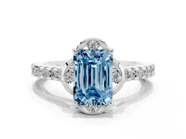 Fancy Blue Emerald Cut Diamond Ring with Pavé Band and Floral Prong Setting Platinum