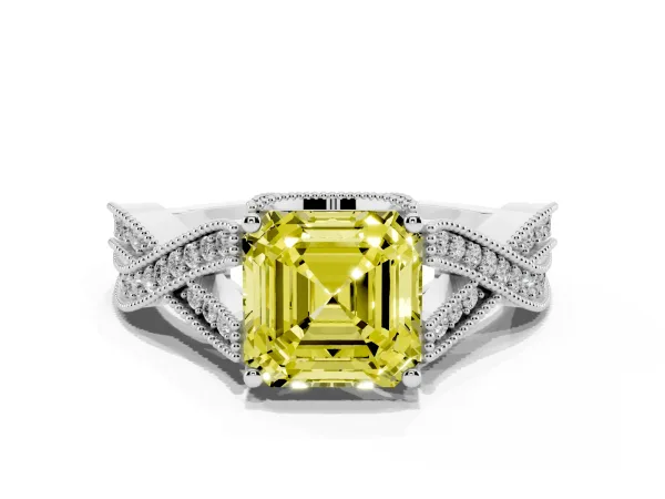 Fancy Yellow Asscher Cut Cut Diamond Twisted Band with Milgrain Pave Setting and Four-Prong Setting Platinum