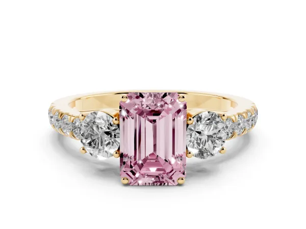 Fancy Pink Emerald Cut Cut Diamond Three-Stone Ring with Round Side Stones and Pavé Band Yellow gold