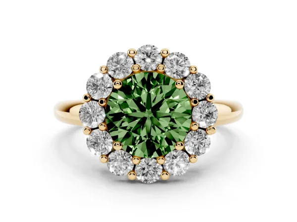 Fancy Green Round Cut Halo Cluster Diamond Engagement Ring with Prong Setting and Polished Band Yellow gold