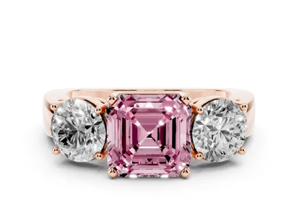 Fancy Pink Three-Stone Asscher Cut Diamond Ring with Round Side Stones, Classic Band, and Four-Prong Setting Rose gold