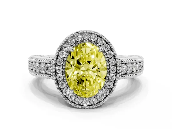 Fancy Yellow Oval Cut Cut Halo Diamond Ring with Pavé Band and Four-Prong Setting White gold