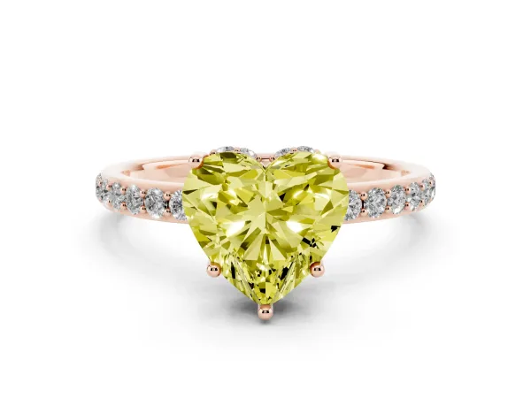 Fancy Yellow Heart Cut Diamond Solitaire Ring with Pavé Band and Hidden Halo Rose gold