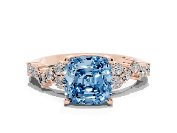 Fancy Blue Cushion Cut Diamond Scattered Round Accent Ring with Prong Setting Rose gold