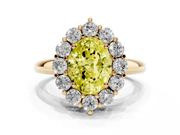 Fancy Yellow Oval Cut Halo Cluster Diamond Engagement Ring with Prong Setting and Polished Band Yellow gold