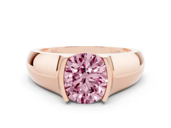 Fancy Pink Round Cut Solitaire Bezel Set Diamond Ring with Wide Band Rose gold