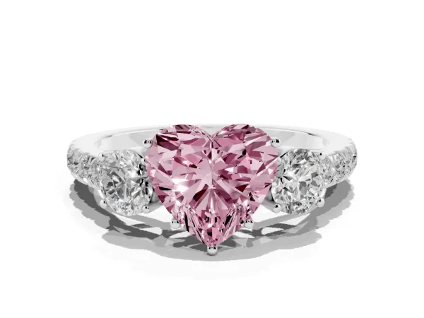 Fancy Pink Heart Cut Cut Diamond Three-Stone Ring with Round Side Stones and Pavé Band Platinum