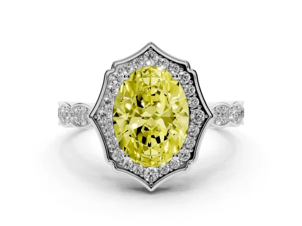Fancy Yellow Oval Cut Halo Diamond Engagement Ring with Milgrain Band and Four-Prong Setting White gold