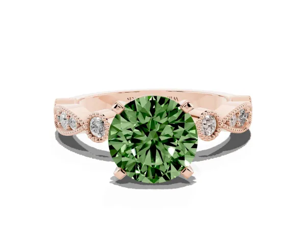 Fancy Green Round Cut Milgrain Bezel Diamond Engagement Ring with Solitaire Prong Setting Rose gold