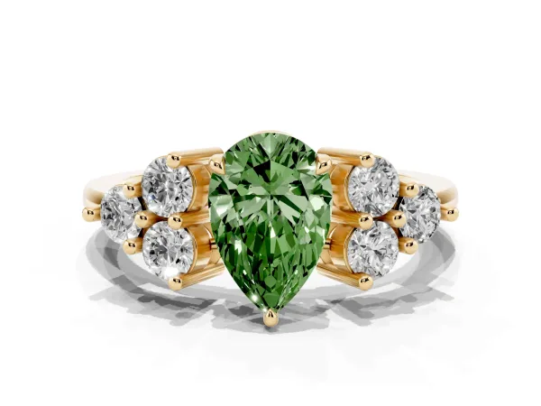 Fancy Green Pear Cut Brilliant Diamond Cluster Accent Solitaire Ring with Prong Setting Yellow gold