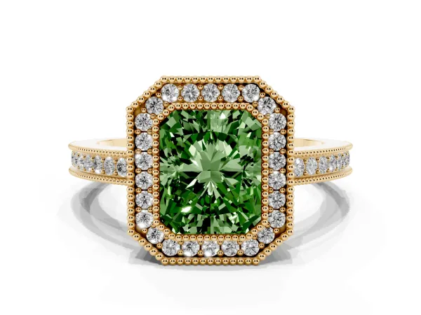 Fancy Green Radiant Cut Cut Halo Diamond Ring with Pavé Band and Milgrain Prong Setting Yellow gold