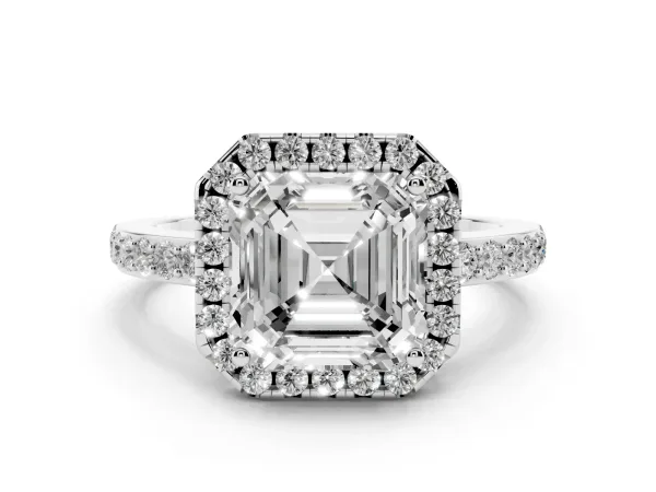 Asscher Cut Halo Diamond Pavé Band Ring with Prong Setting Platinum