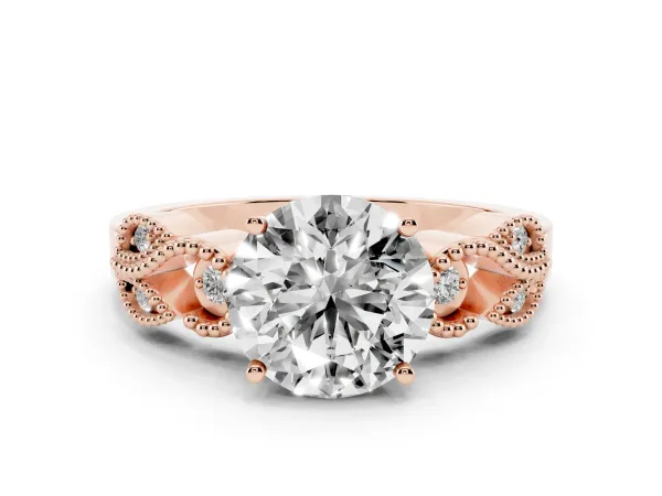 Round Cut Solitaire Milgrain Leaf Band with Prong Setting Rose gold