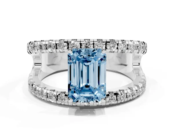Fancy Blue Emerald Cut Solitaire Split Shank Pave Diamond Ring Platinum