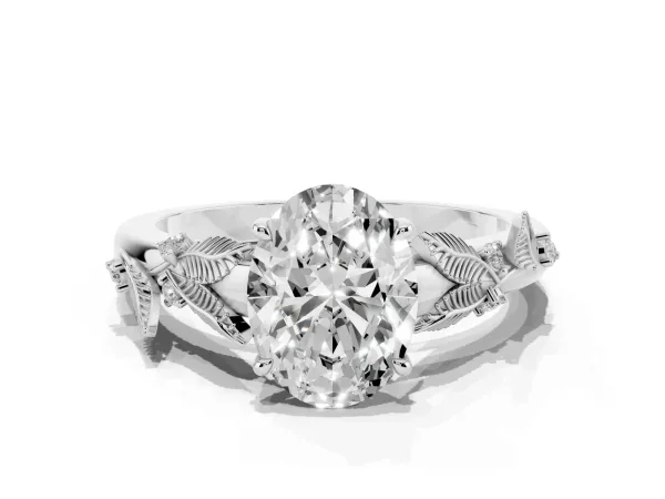 Oval Cut Diamond Solitaire Ring with Leaf Motif Band and Four-Prong Setting White gold
