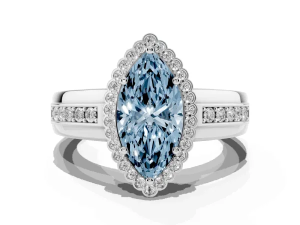 Fancy Blue Marquise Cut Cut Halo Pave Band Four-Prong Ring White gold