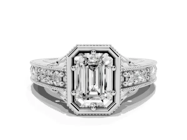 Bezel Set Emerald Cut Diamond Milgrain Pave Engagement Ring Platinum