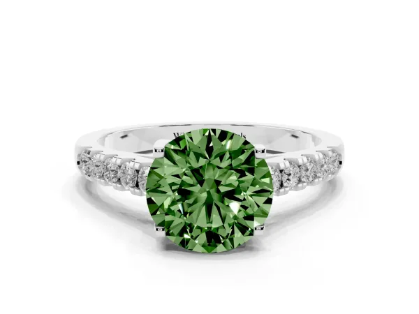 Fancy Green Round Cut Diamond Pavé Band Solitaire Ring with Prong Setting White gold