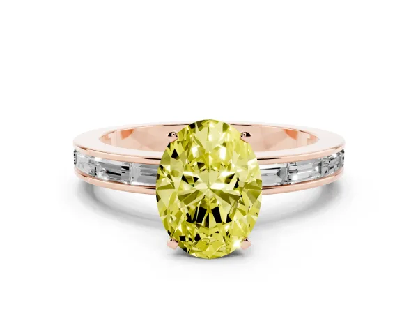 Fancy Yellow Oval Cut Solitaire Diamond Ring with Channel-Set Baguette Band and Four-Prong Setting Rose gold