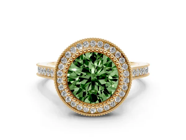 Fancy Green Round Cut Diamond Halo Ring with Milgrain Frame and Pavé Band Yellow gold