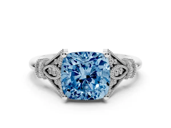 Fancy Blue Cushion Cut Diamond Solitaire Ring with Floral Filigree and Pave Accents Platinum