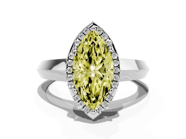 Fancy Yellow Marquise Cut Halo Diamond Ring with Cathedral Band and Four-Prong Setting Platinum