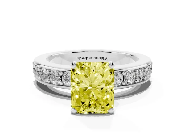 Fancy Yellow Radiant Cut Diamond Engagement Ring with Channel Set Round Band and Prong Setting White gold