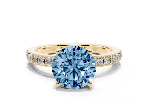 Fancy Blue Round Cut Cut Diamond Solitaire with Pave Band and Four-Prong Setting Yellow gold