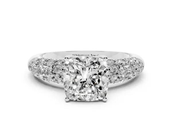 Cushion Cut Diamond Pavé Band Solitaire Ring with Four-Prong Setting Platinum