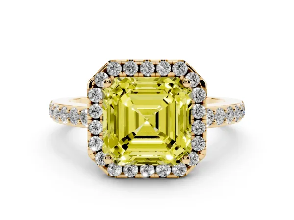 Fancy Yellow Asscher Cut Halo Diamond Pavé Band Ring with Prong Setting Yellow gold