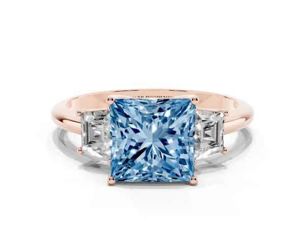 Fancy Blue Princess Cut Diamond Three-Stone Ring with Trapezoid Side Stones and Prong Setting Rose gold