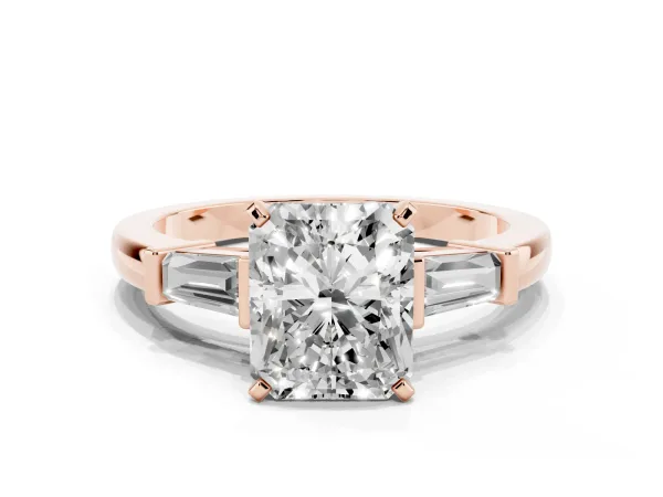 Radiant Cut Cut Diamond Solitaire Ring with Tapered Baguette Accents and Four-Prong Setting Rose gold