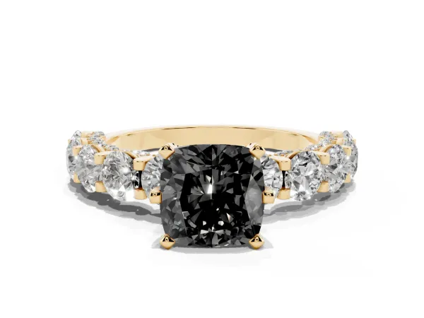 Fancy Black Cushion Cut Diamond Side Stone Engagement Ring with Four-Prong Setting Yellow gold