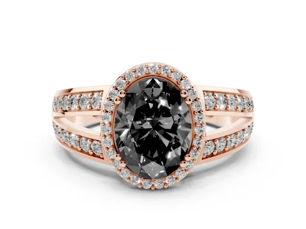 Fancy Black Oval Cut Diamond Halo Ring with Split Shank Pavé Band and Four-Prong Setting Rose gold