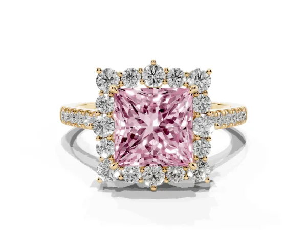 Fancy Pink Princess Cut Halo Diamond Ring with Pavé Band and Prong Setting Yellow gold