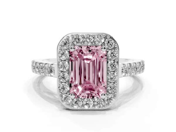 Fancy Pink Emerald Cut Diamond Halo Ring with Round Pavé Split Shank and Prong Setting Platinum