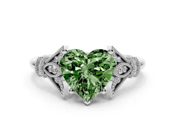 Fancy Green Heart Cut Diamond Solitaire Ring with Floral Filigree and Pave Accents White gold