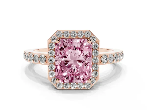Fancy Pink Radiant Cut Halo Diamond Pavé Band Ring with Prong Setting Rose gold